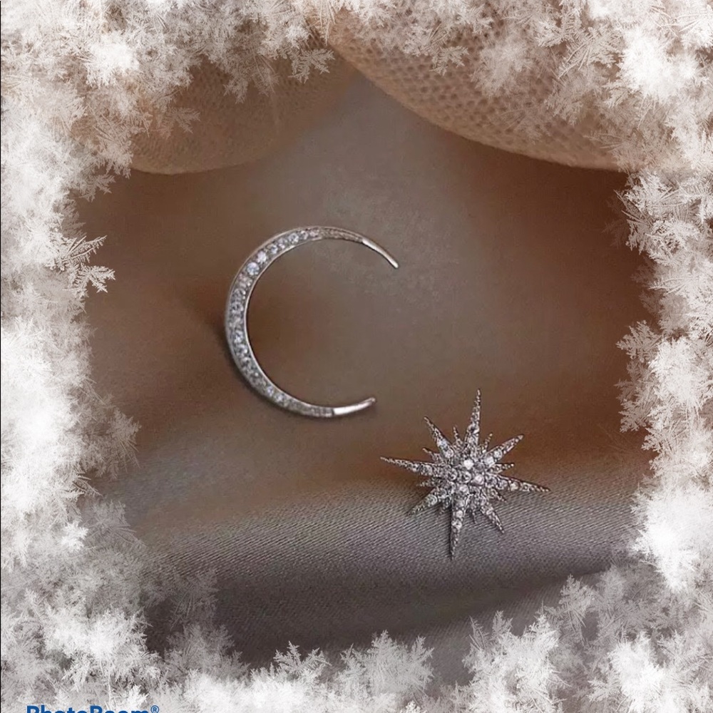 Moon And Star Silver Tone and Crystal Earrings - Picture 13 of 14